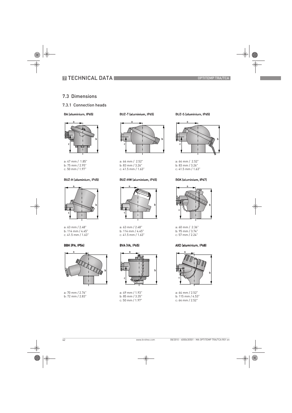 Technical data, 3 dimensions | KROHNE OPTITEMP TRA-TCA EN User Manual | Page 42 / 60