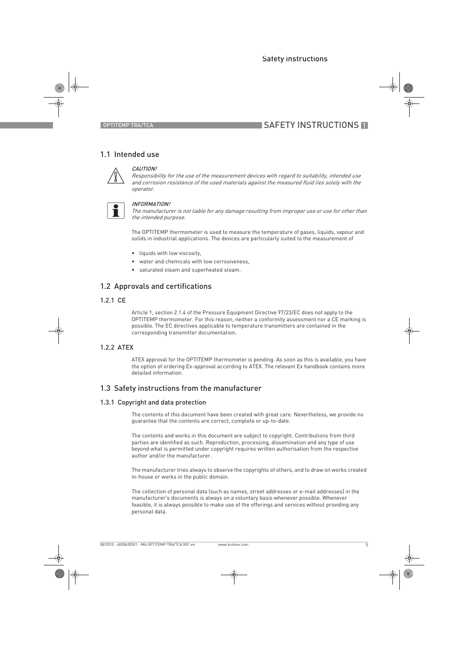 Safety instructions | KROHNE OPTITEMP TRA-TCA EN User Manual | Page 5 / 60