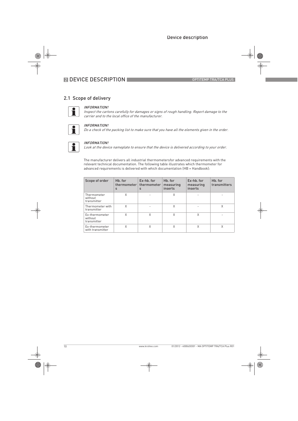 Device description, Device description 2.1 scope of delivery | KROHNE OPTITEMP TRA-TCA Plus EN User Manual | Page 10 / 76