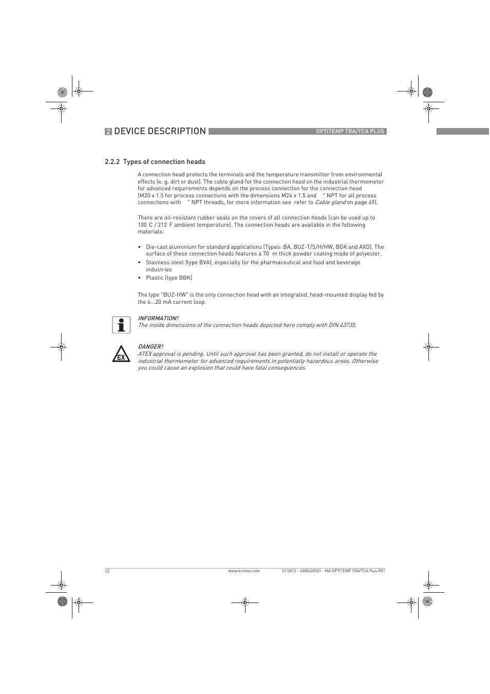 Device description | KROHNE OPTITEMP TRA-TCA Plus EN User Manual | Page 12 / 76