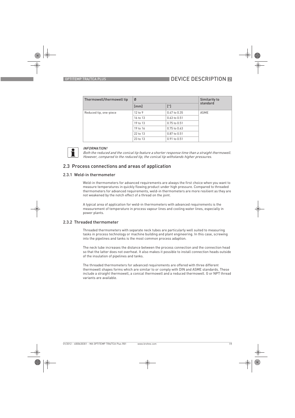 Device description, 3 process connections and areas of application | KROHNE OPTITEMP TRA-TCA Plus EN User Manual | Page 19 / 76