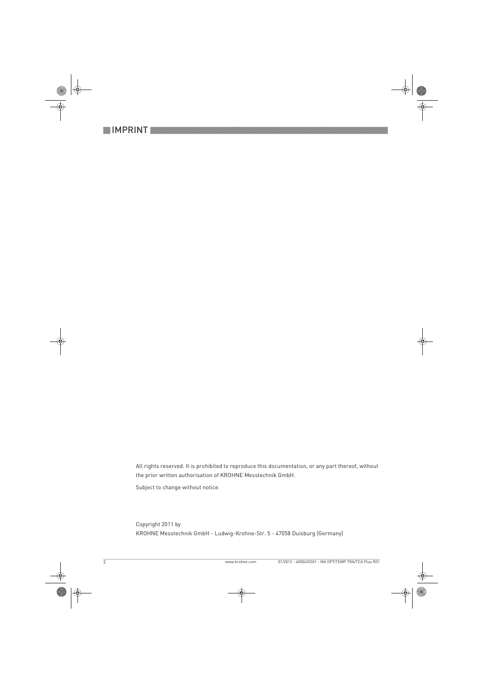 Imprint | KROHNE OPTITEMP TRA-TCA Plus EN User Manual | Page 2 / 76