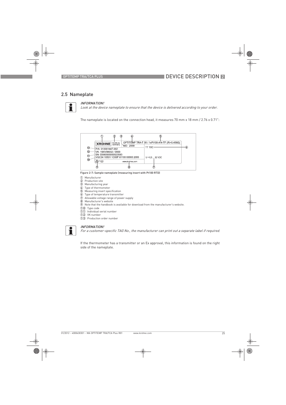 Device description, 5 nameplate | KROHNE OPTITEMP TRA-TCA Plus EN User Manual | Page 25 / 76