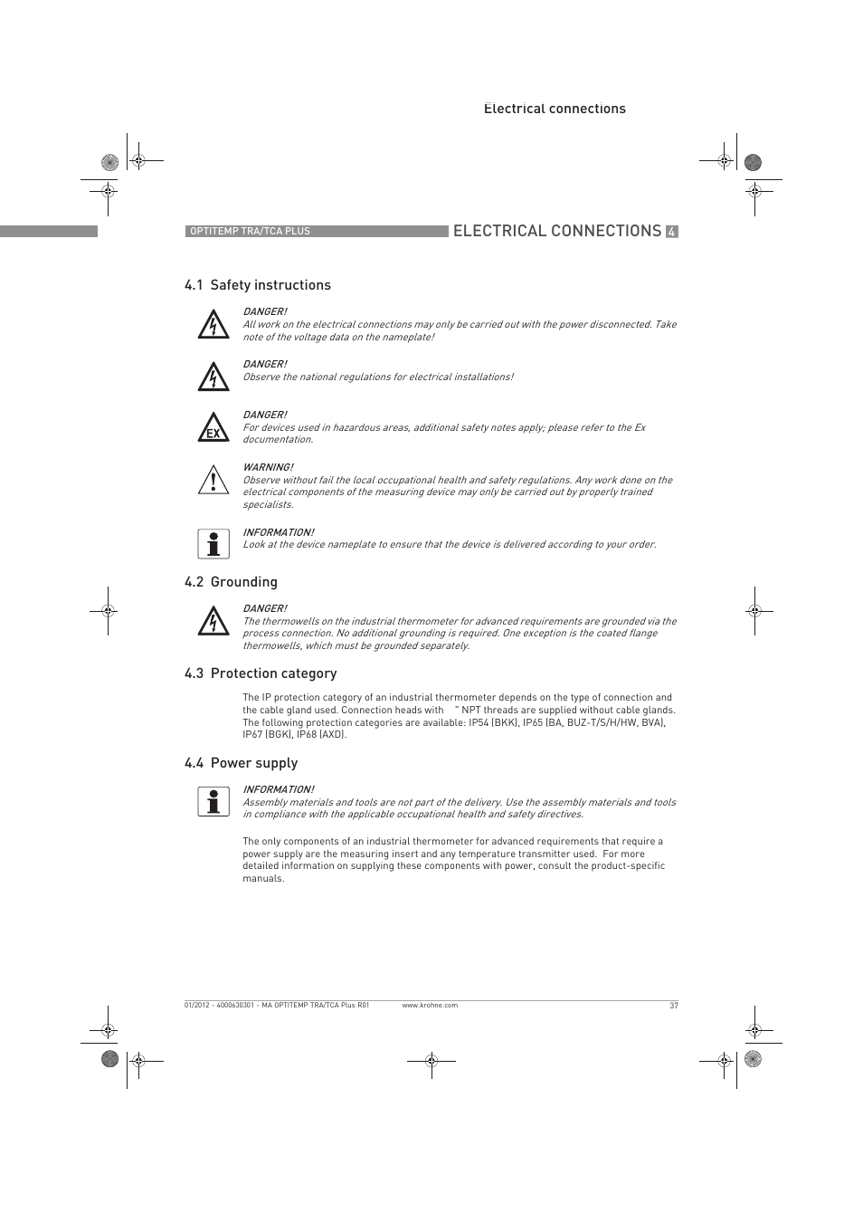 Electrical connections | KROHNE OPTITEMP TRA-TCA Plus EN User Manual | Page 37 / 76