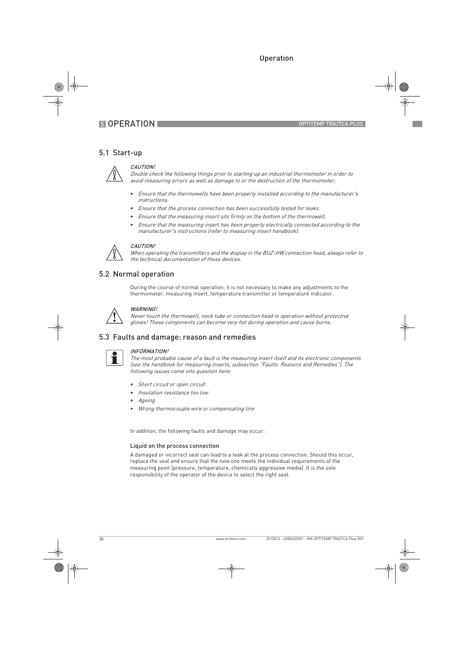 Operation, Operation 5.1 start-up 5.2 normal operation, 3 faults and damage: reason and remedies | KROHNE OPTITEMP TRA-TCA Plus EN User Manual | Page 38 / 76