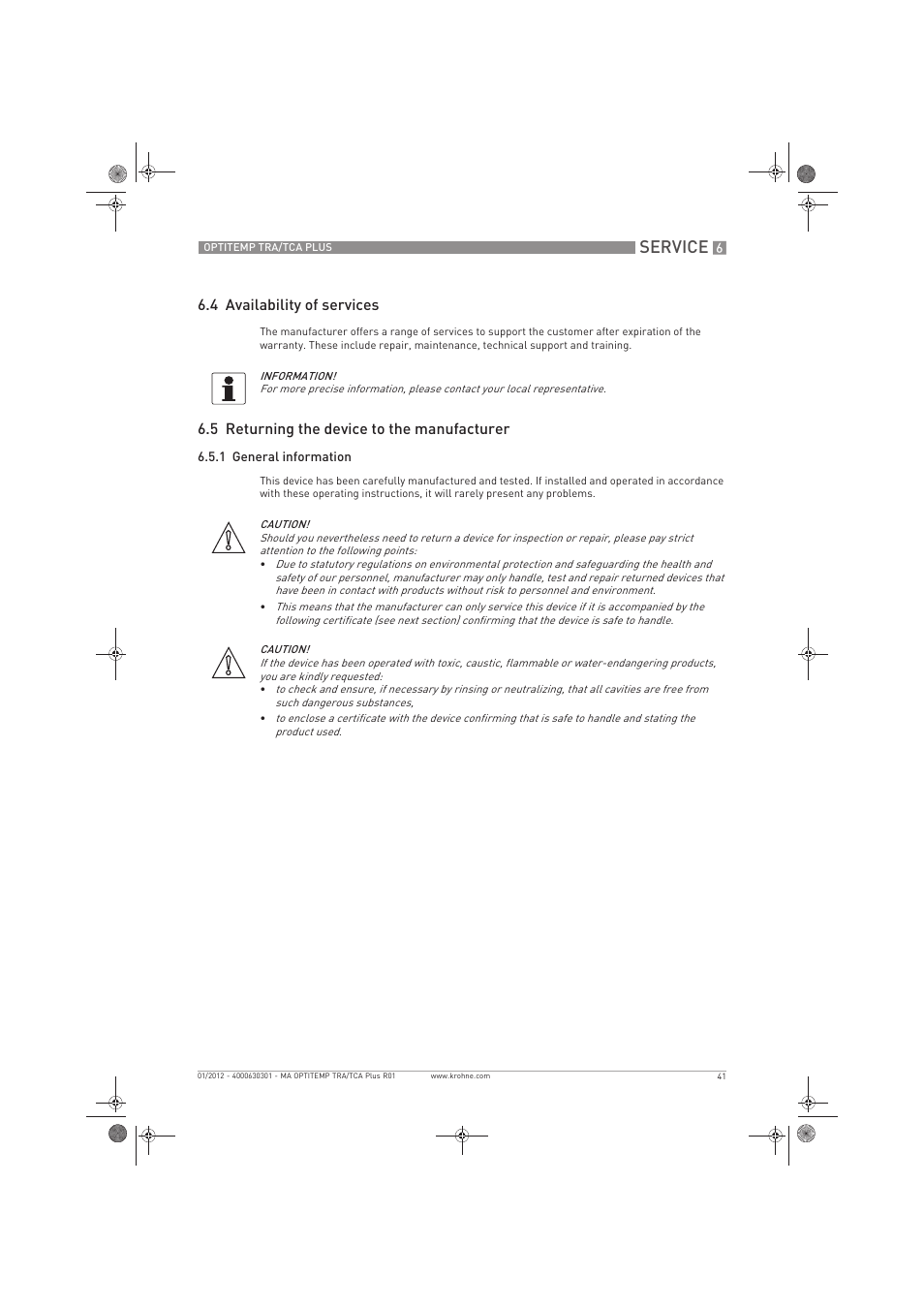 Service, 4 availability of services, 5 returning the device to the manufacturer | KROHNE OPTITEMP TRA-TCA Plus EN User Manual | Page 41 / 76