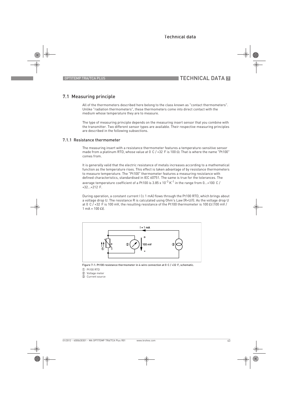 Technical data, Technical data 7.1 measuring principle | KROHNE OPTITEMP TRA-TCA Plus EN User Manual | Page 43 / 76