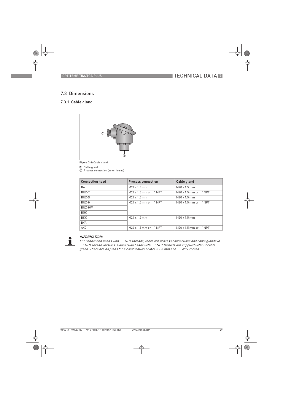 Technical data, 3 dimensions | KROHNE OPTITEMP TRA-TCA Plus EN User Manual | Page 49 / 76