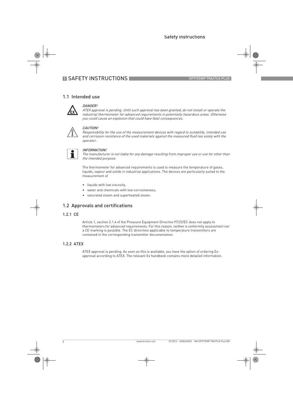 Safety instructions | KROHNE OPTITEMP TRA-TCA Plus EN User Manual | Page 6 / 76