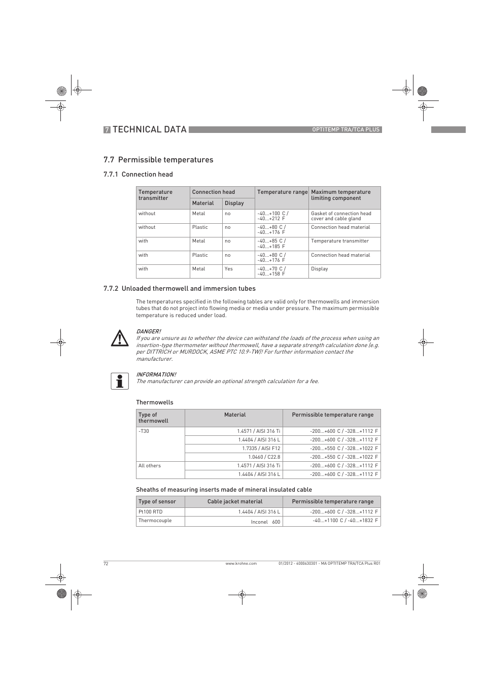 Technical data, 7 permissible temperatures | KROHNE OPTITEMP TRA-TCA Plus EN User Manual | Page 72 / 76