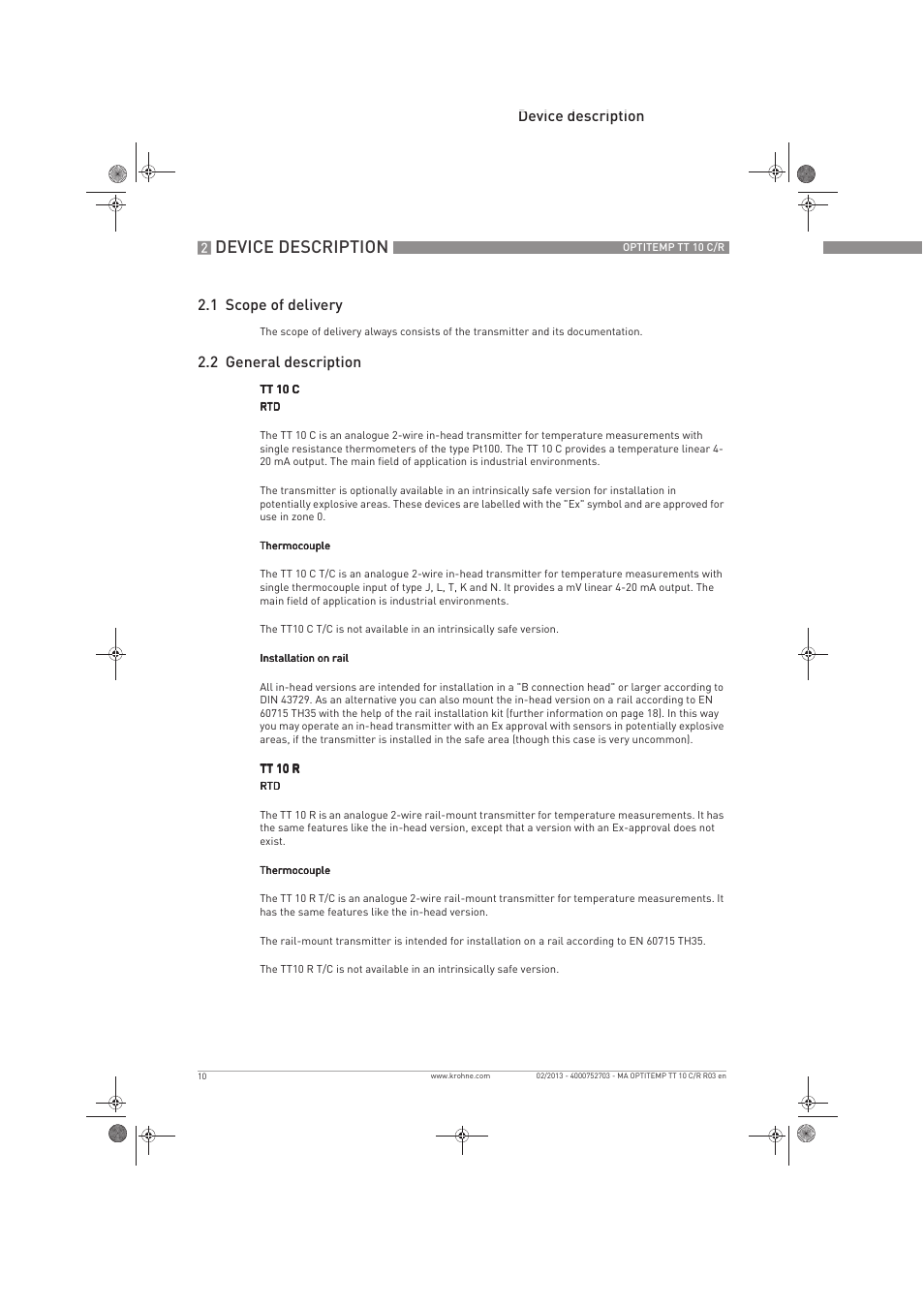 Device description, Device description 2.1 scope of delivery, 2 general description | KROHNE OPTITEMP TT 10 C-R EN User Manual | Page 10 / 52