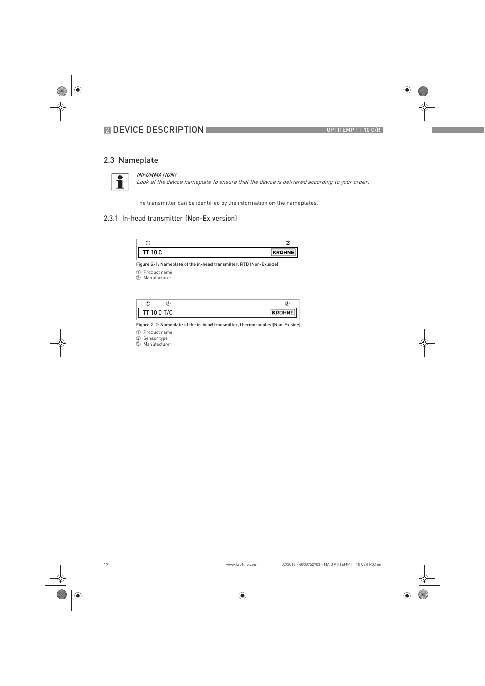 Device description, 3 nameplate | KROHNE OPTITEMP TT 10 C-R EN User Manual | Page 12 / 52