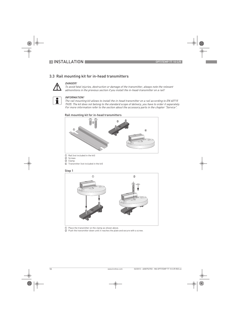 Installation, 3 rail mounting kit for in-head transmitters | KROHNE OPTITEMP TT 10 C-R EN User Manual | Page 18 / 52
