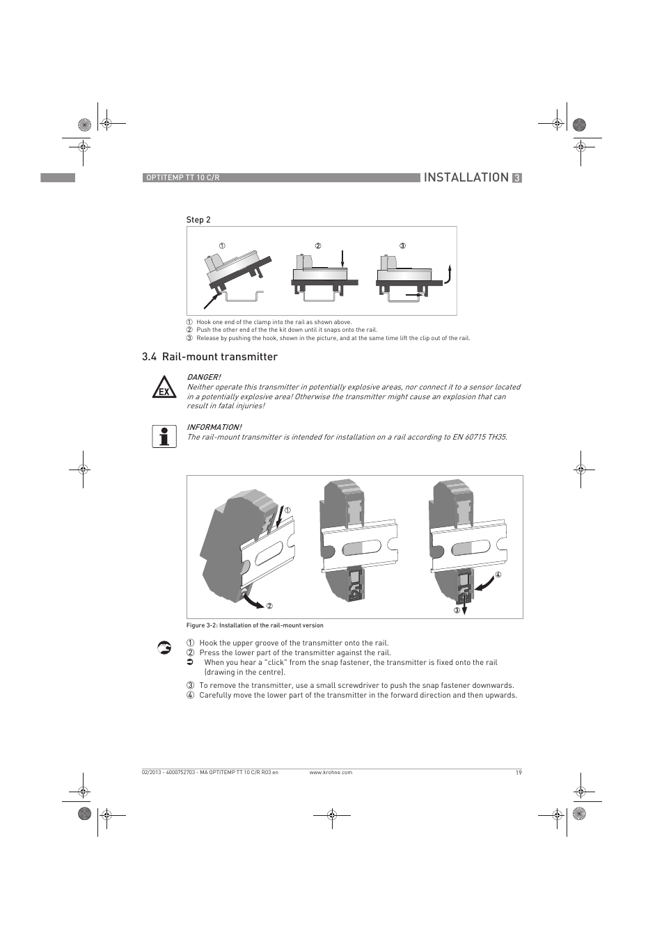 Installation, 4 rail-mount transmitter | KROHNE OPTITEMP TT 10 C-R EN User Manual | Page 19 / 52
