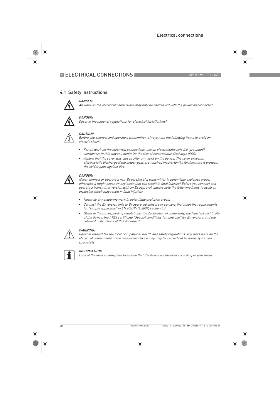 Electrical connections, Electrical connections 4.1 safety instructions | KROHNE OPTITEMP TT 10 C-R EN User Manual | Page 20 / 52