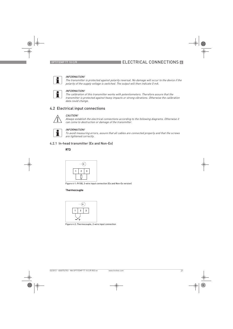 Electrical connections, 2 electrical input connections | KROHNE OPTITEMP TT 10 C-R EN User Manual | Page 21 / 52