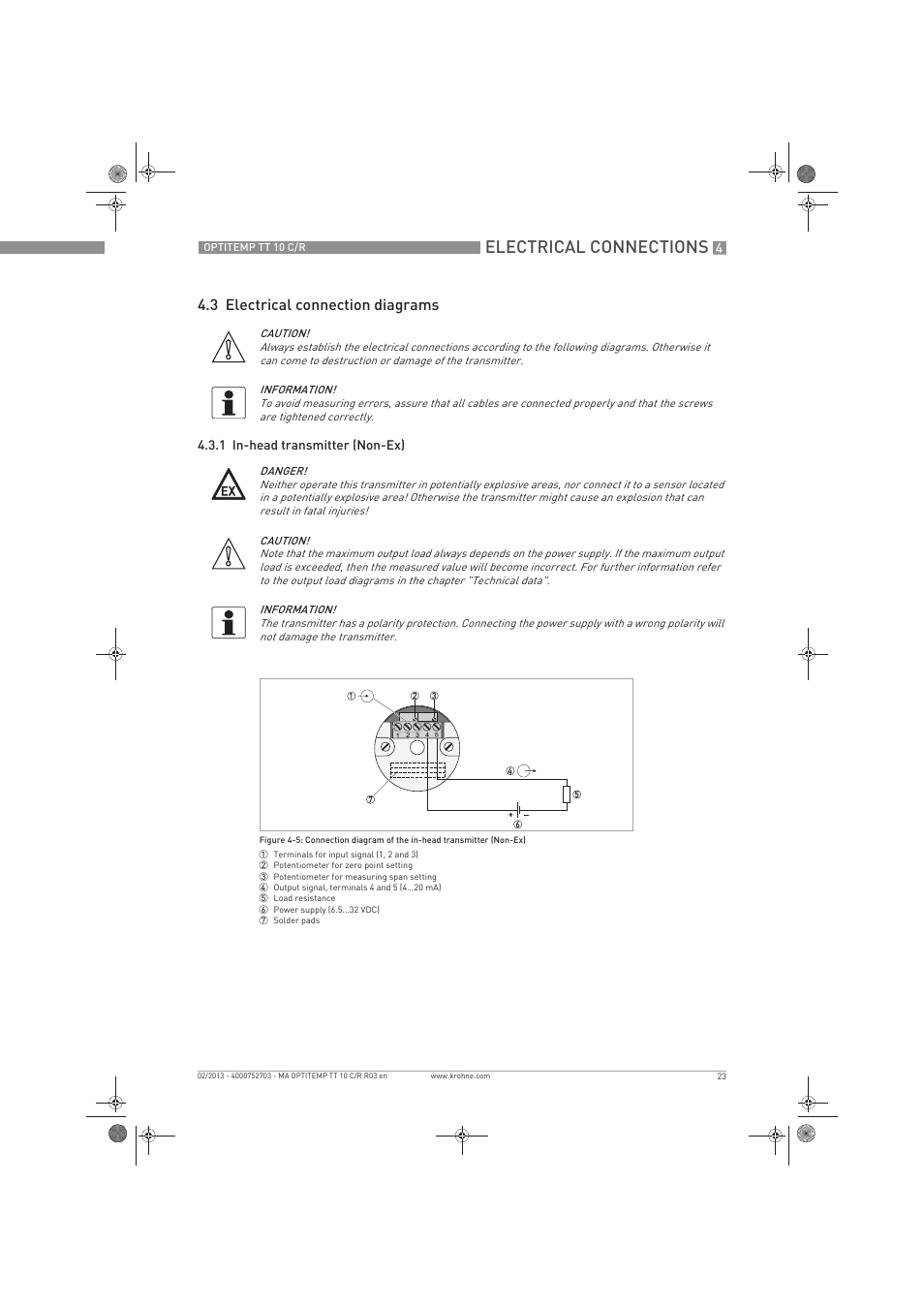 Electrical connections, 3 electrical connection diagrams | KROHNE OPTITEMP TT 10 C-R EN User Manual | Page 23 / 52