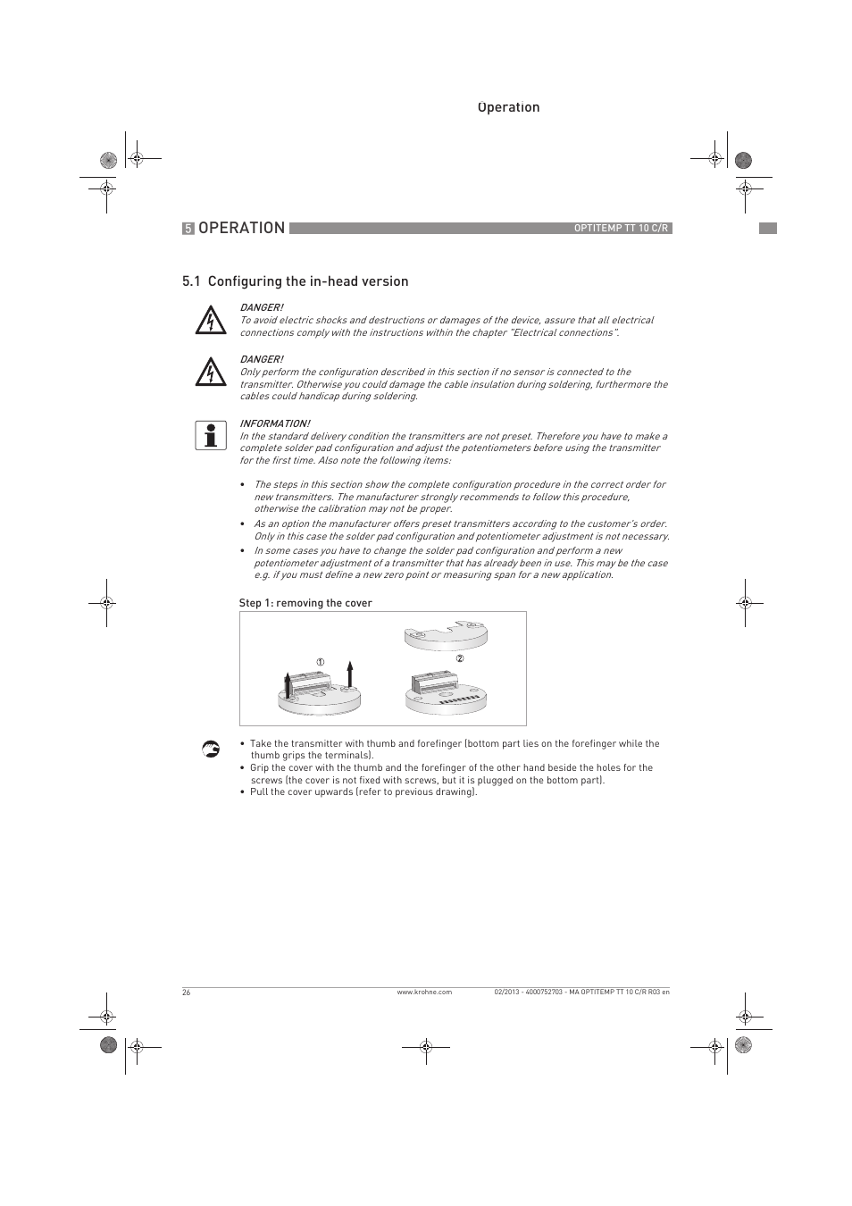 Operation, Operation 5.1 configuring the in-head version | KROHNE OPTITEMP TT 10 C-R EN User Manual | Page 26 / 52