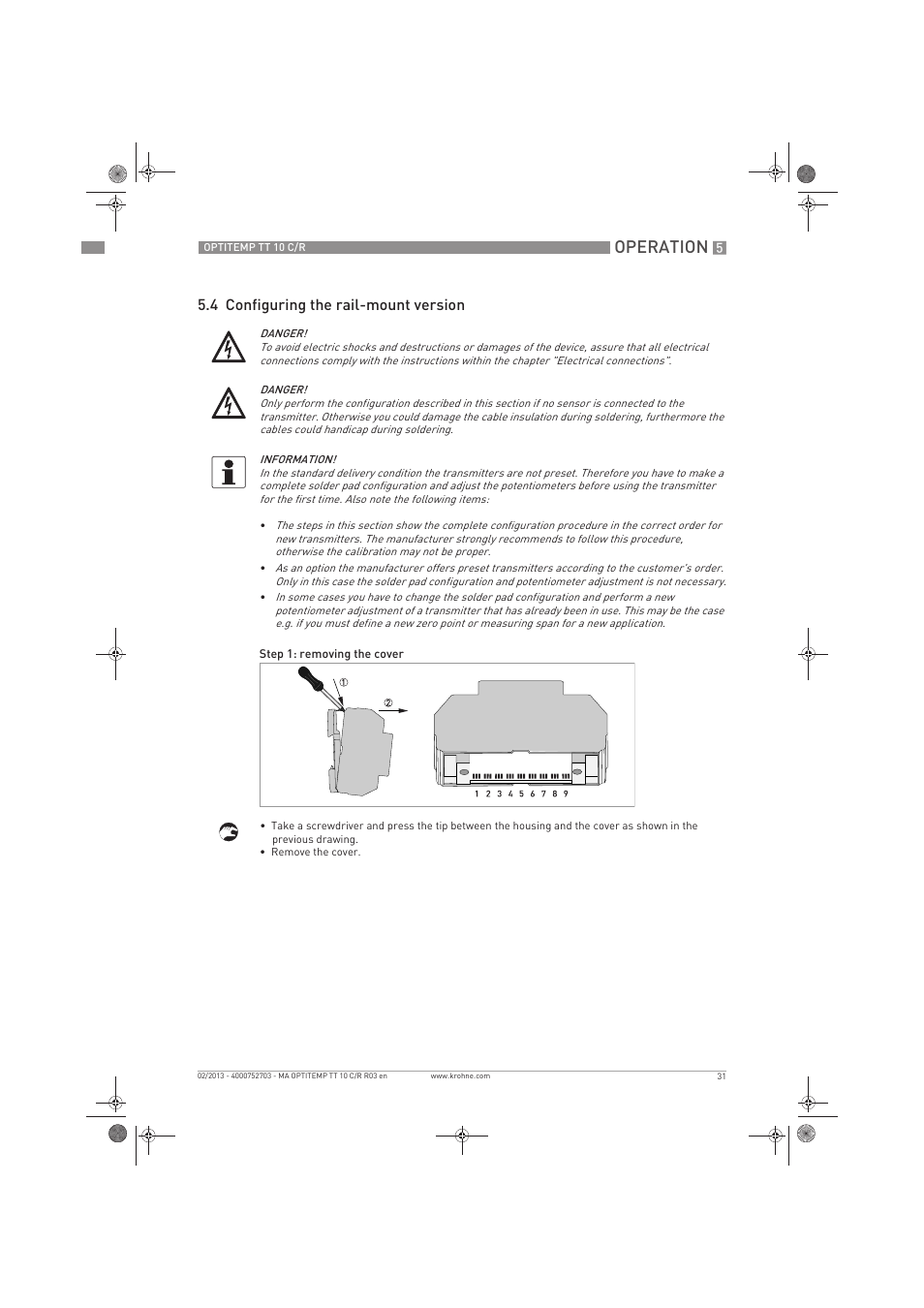 Operation, 4 configuring the rail-mount version | KROHNE OPTITEMP TT 10 C-R EN User Manual | Page 31 / 52