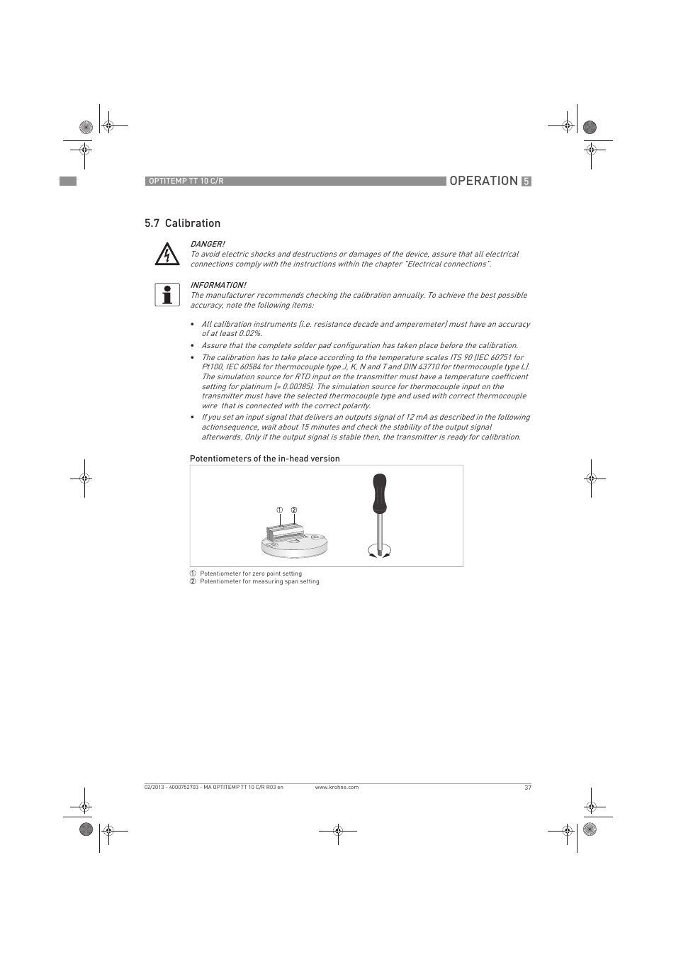 Operation, 7 calibration | KROHNE OPTITEMP TT 10 C-R EN User Manual | Page 37 / 52