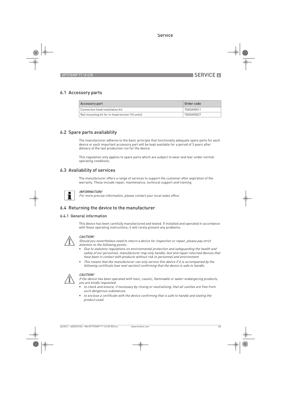 Service, 3 availability of services, 4 returning the device to the manufacturer | KROHNE OPTITEMP TT 10 C-R EN User Manual | Page 39 / 52