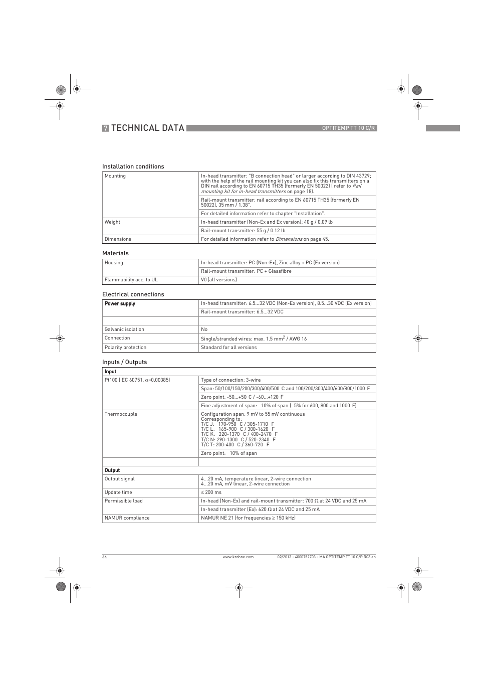 Technical data | KROHNE OPTITEMP TT 10 C-R EN User Manual | Page 44 / 52