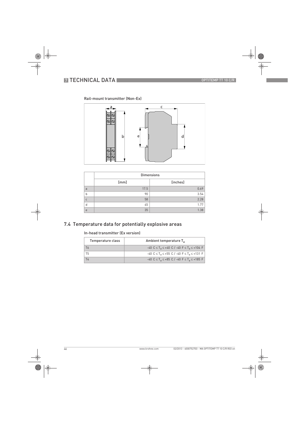 Technical data, 4 temperature data for potentially explosive areas | KROHNE OPTITEMP TT 10 C-R EN User Manual | Page 46 / 52