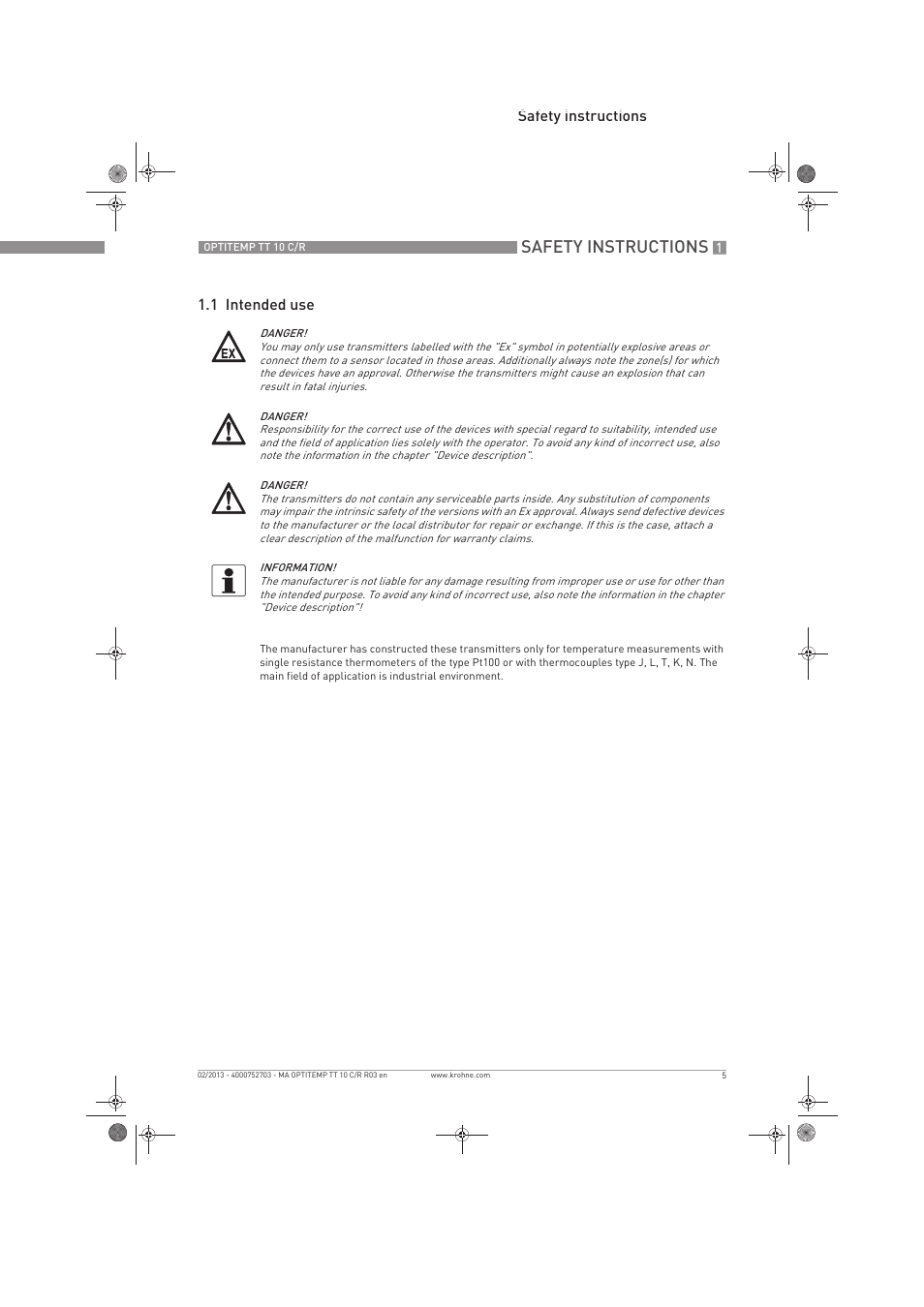 Safety instructions, Safety instructions 1.1 intended use | KROHNE OPTITEMP TT 10 C-R EN User Manual | Page 5 / 52