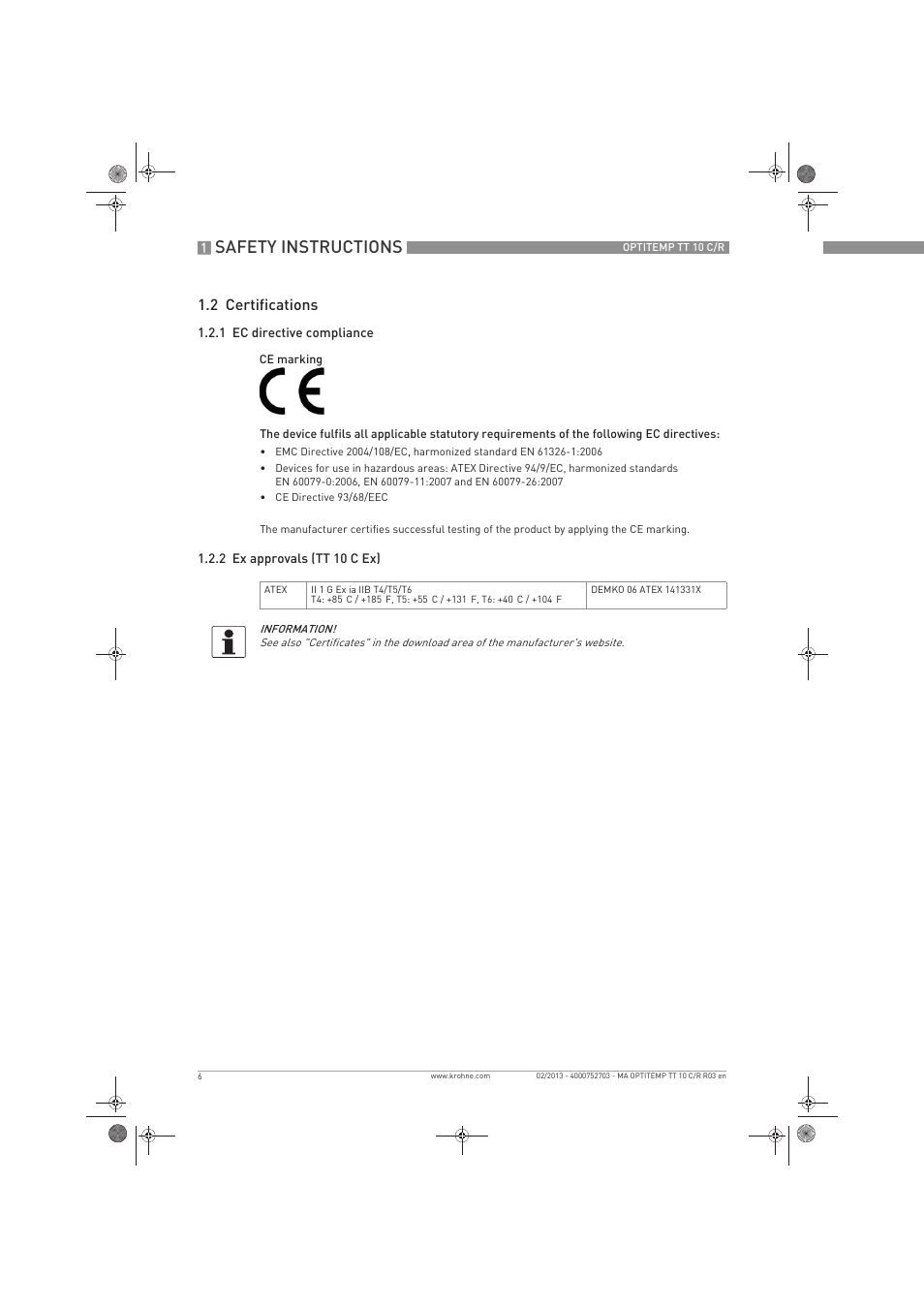 Safety instructions, 2 certifications | KROHNE OPTITEMP TT 10 C-R EN User Manual | Page 6 / 52