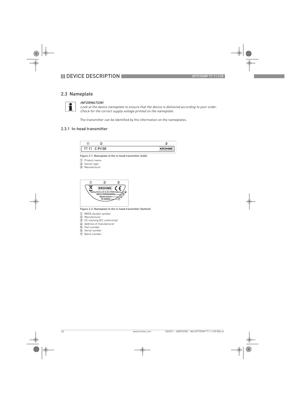 Device description, 3 nameplate | KROHNE OPTITEMP TT 11 C-R EN User Manual | Page 10 / 40