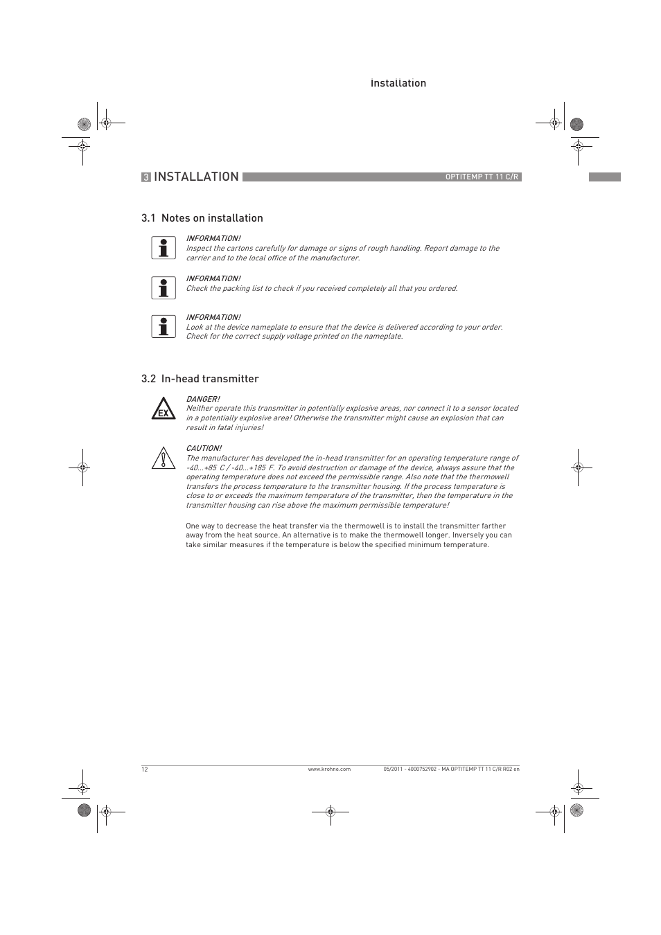 Installation | KROHNE OPTITEMP TT 11 C-R EN User Manual | Page 12 / 40