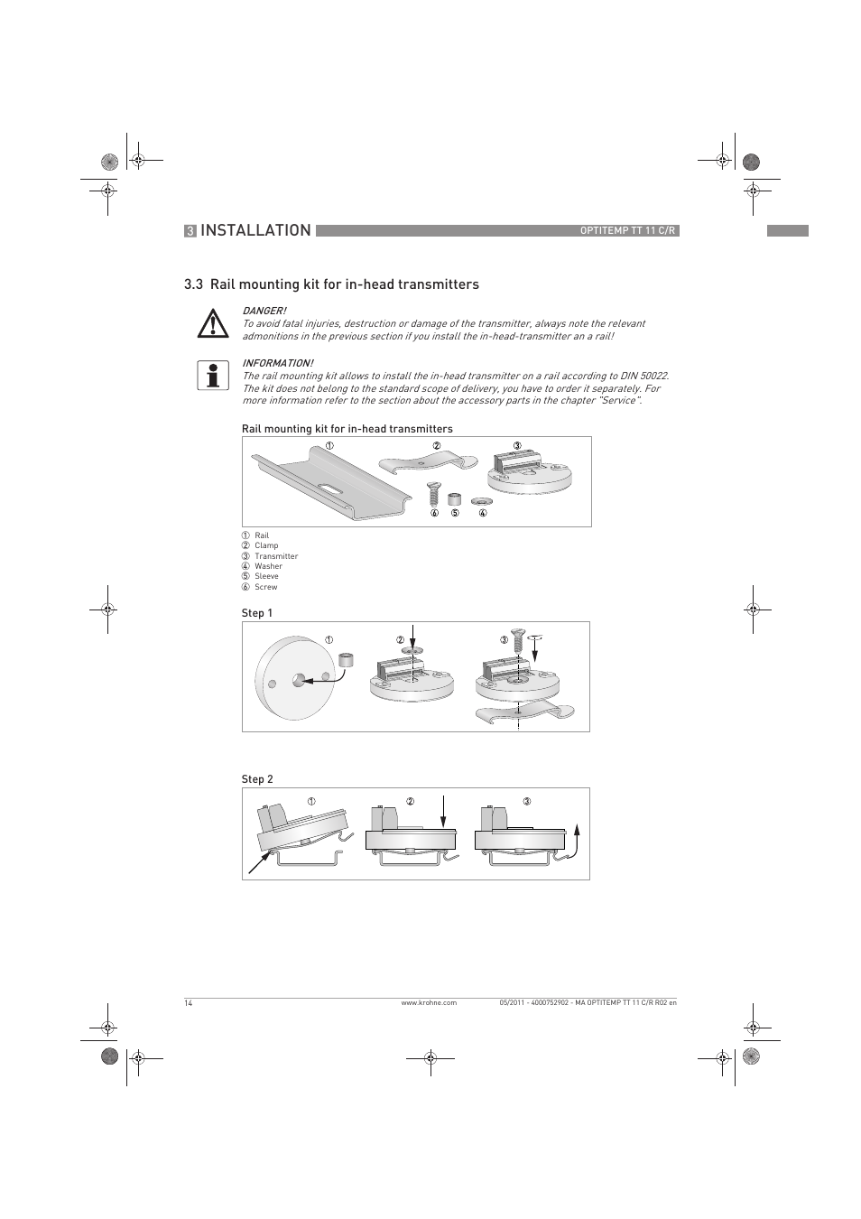 Installation, 3 rail mounting kit for in-head transmitters | KROHNE OPTITEMP TT 11 C-R EN User Manual | Page 14 / 40