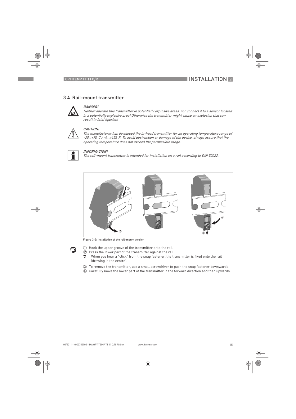 Installation, 4 rail-mount transmitter | KROHNE OPTITEMP TT 11 C-R EN User Manual | Page 15 / 40