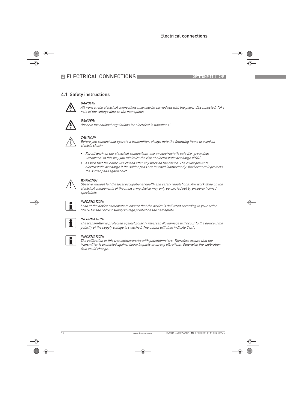 Electrical connections, Electrical connections 4.1 safety instructions | KROHNE OPTITEMP TT 11 C-R EN User Manual | Page 16 / 40