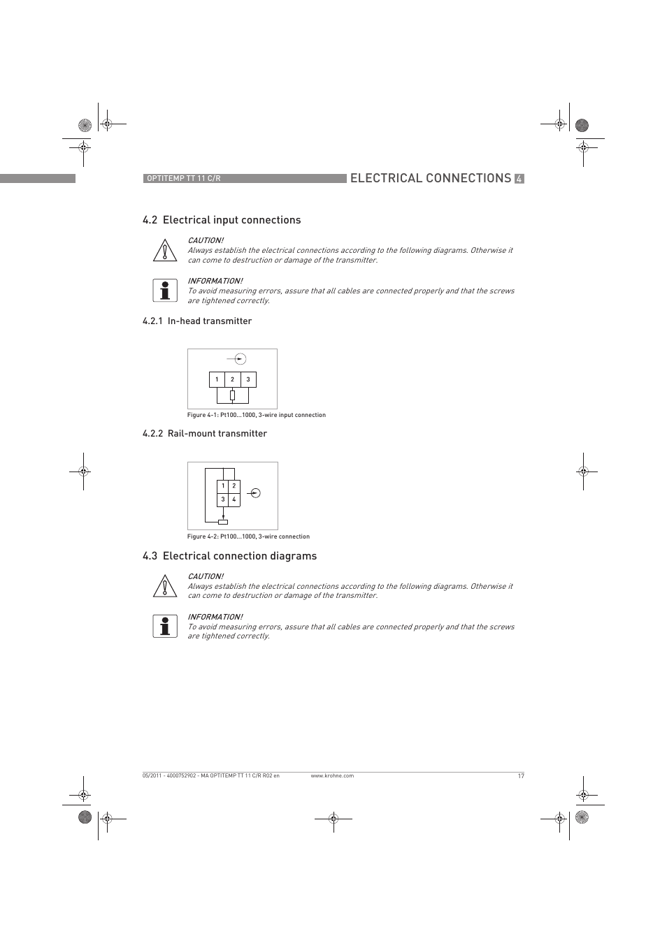 Electrical connections, 2 electrical input connections, 3 electrical connection diagrams | KROHNE OPTITEMP TT 11 C-R EN User Manual | Page 17 / 40