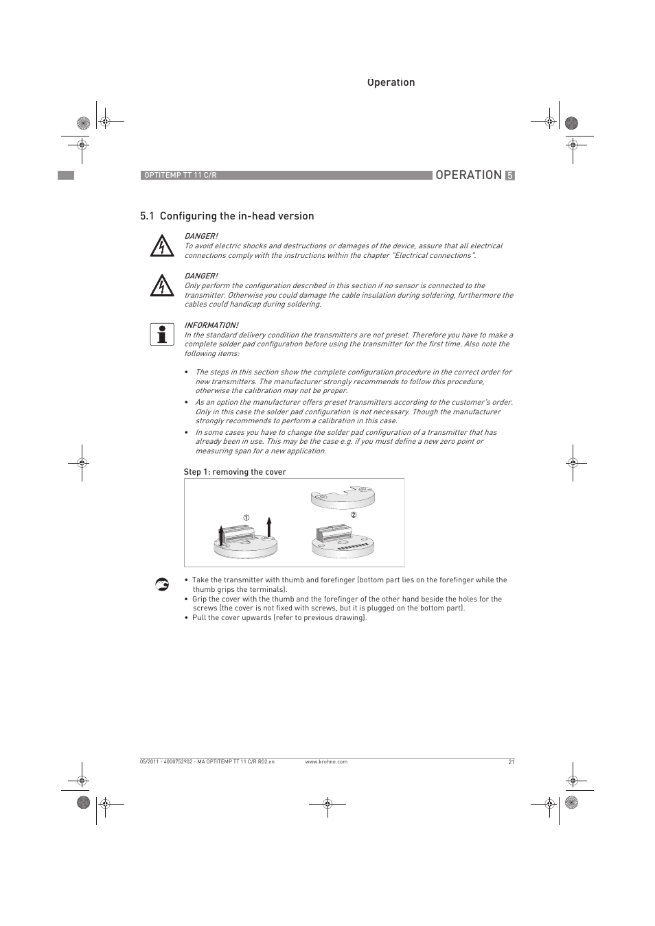 Operation, Operation 5.1 configuring the in-head version | KROHNE OPTITEMP TT 11 C-R EN User Manual | Page 21 / 40