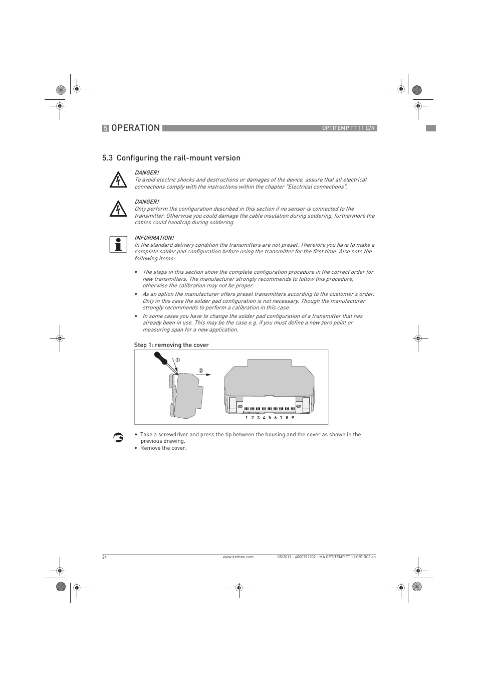 Operation, 3 configuring the rail-mount version | KROHNE OPTITEMP TT 11 C-R EN User Manual | Page 24 / 40