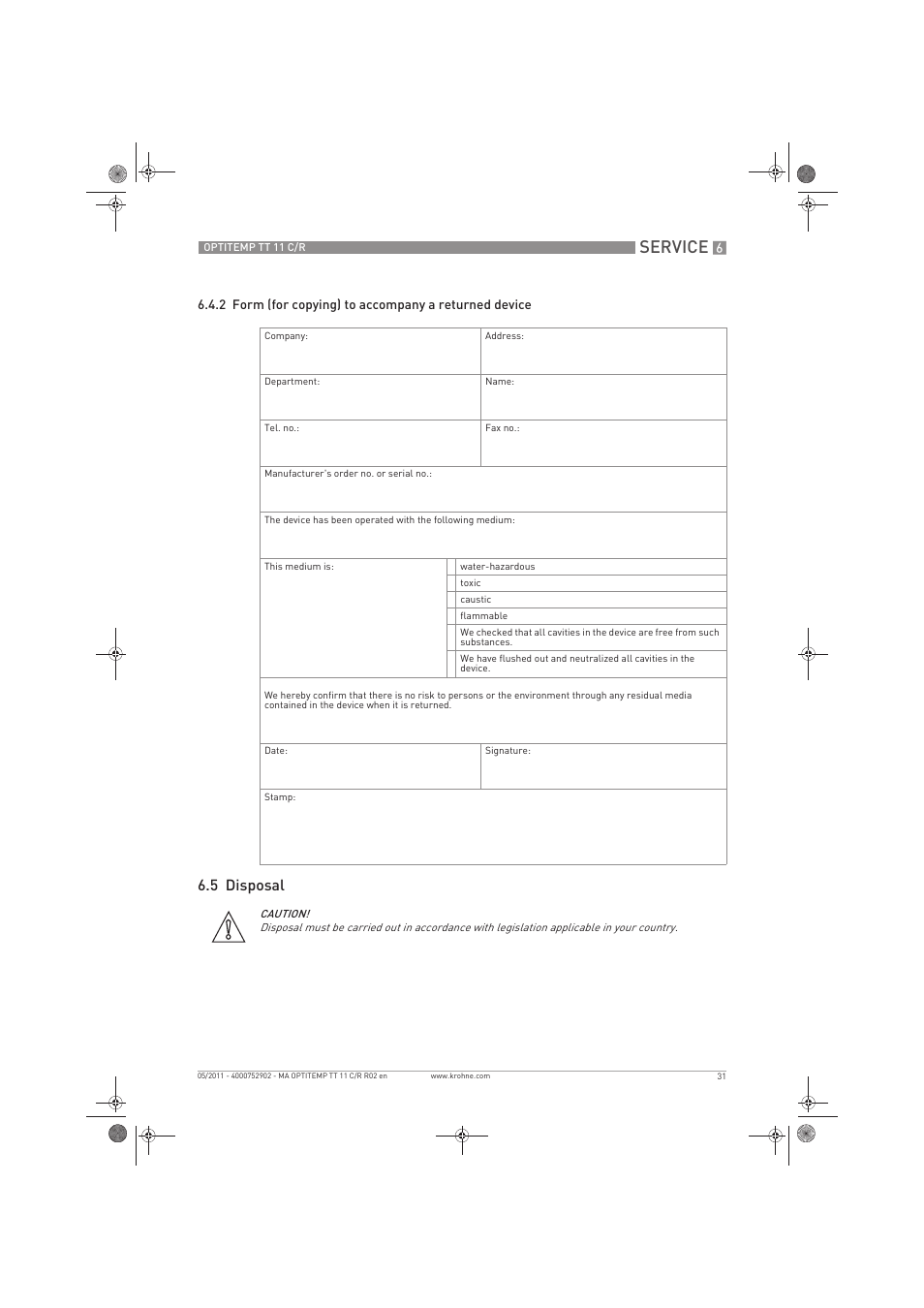 Service, 5 disposal | KROHNE OPTITEMP TT 11 C-R EN User Manual | Page 31 / 40