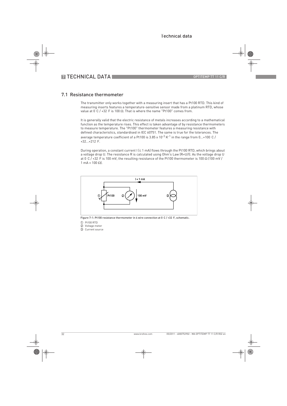 Technical data, Technical data 7.1 resistance thermometer | KROHNE OPTITEMP TT 11 C-R EN User Manual | Page 32 / 40