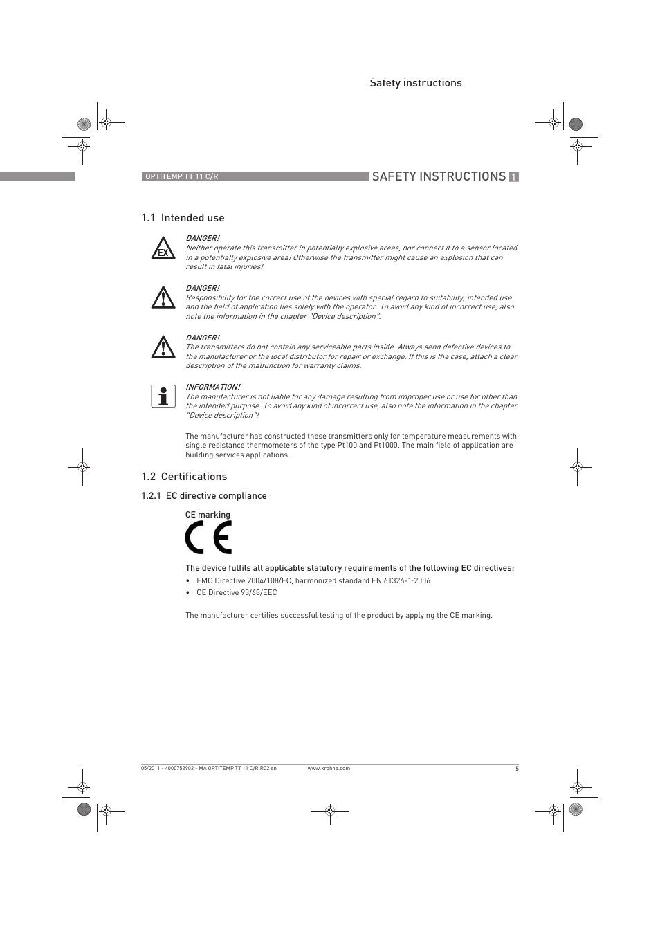 Safety instructions | KROHNE OPTITEMP TT 11 C-R EN User Manual | Page 5 / 40