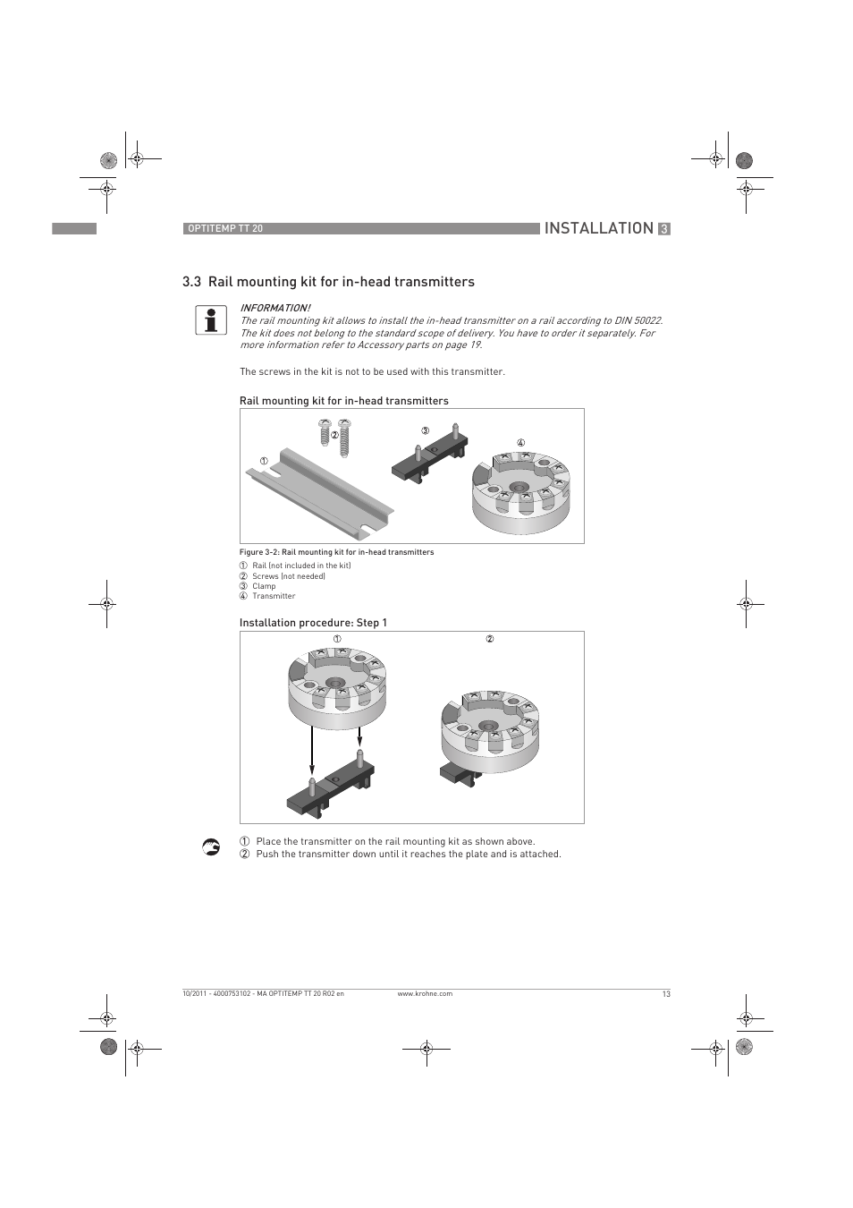 Installation, 3 rail mounting kit for in-head transmitters | KROHNE PTITEMP TT 20 C EN User Manual | Page 13 / 28