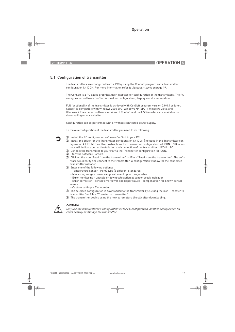 Operation, Operation 5.1 configuration of transmitter | KROHNE PTITEMP TT 20 C EN User Manual | Page 17 / 28