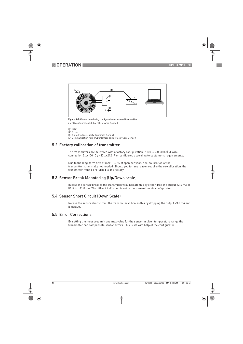 Operation, 2 factory calibration of transmitter, 3 sensor break monotoring (up/down scale) | 4 sensor short circuit (down scale), 5 error corrections | KROHNE PTITEMP TT 20 C EN User Manual | Page 18 / 28