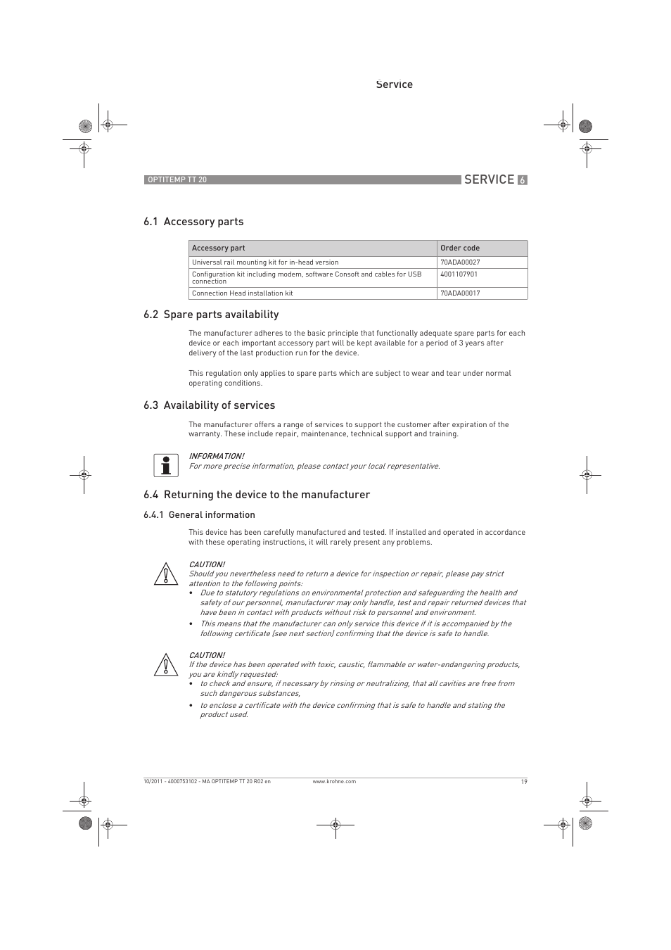 Service, 3 availability of services, 4 returning the device to the manufacturer | KROHNE PTITEMP TT 20 C EN User Manual | Page 19 / 28