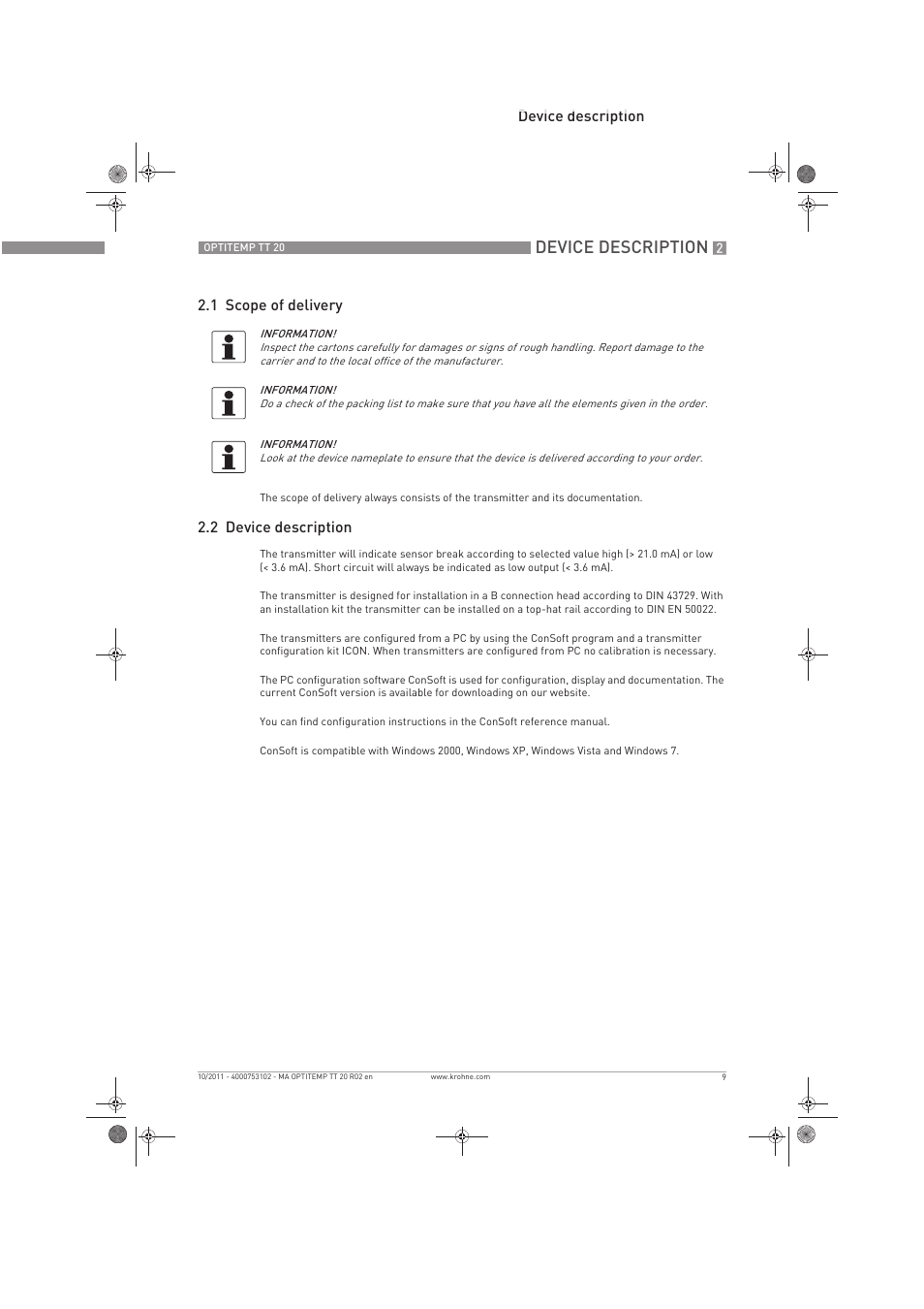 Device description, Device description 2.1 scope of delivery, 2 device description | KROHNE PTITEMP TT 20 C EN User Manual | Page 9 / 28