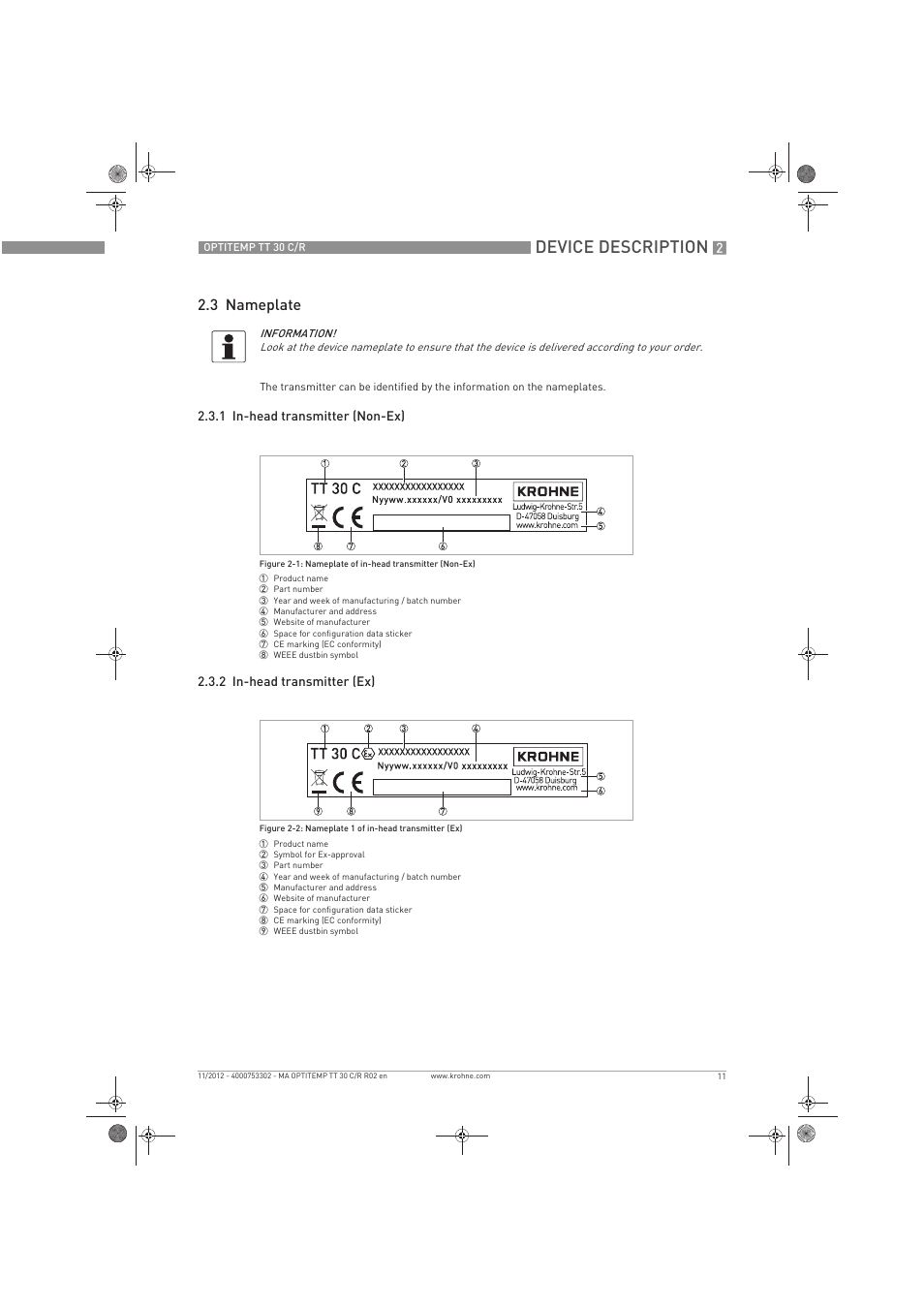 Device description, 3 nameplate | KROHNE OPTITEMP TT 30 C-R EN User Manual | Page 11 / 48