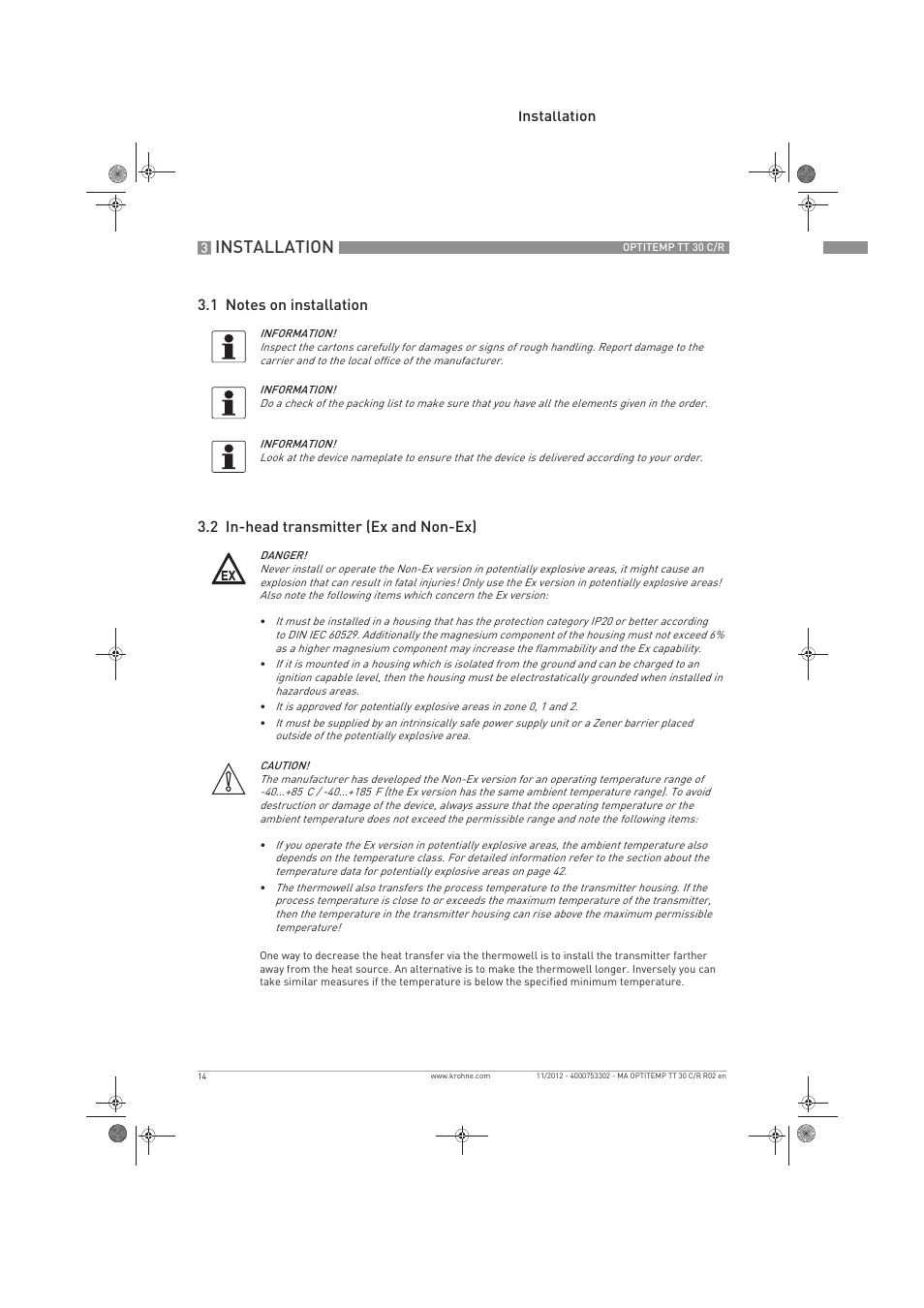 Installation | KROHNE OPTITEMP TT 30 C-R EN User Manual | Page 14 / 48