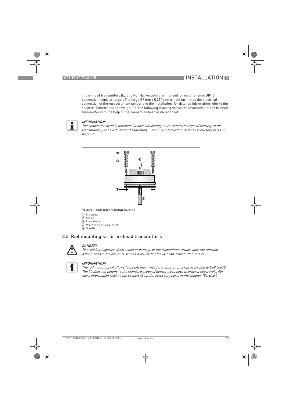 Installation, 3 rail mounting kit for in-head transmitters | KROHNE OPTITEMP TT 30 C-R EN User Manual | Page 15 / 48