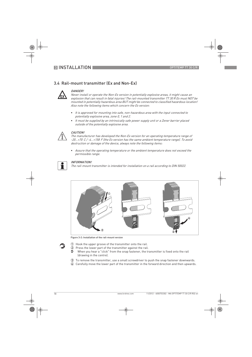 Installation, 4 rail-mount transmitter (ex and non-ex) | KROHNE OPTITEMP TT 30 C-R EN User Manual | Page 18 / 48