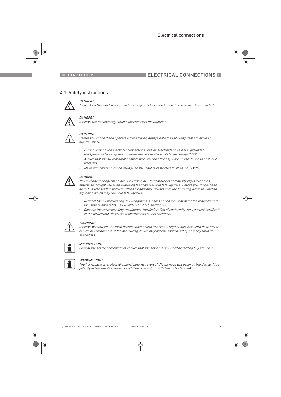 Electrical connections, Electrical connections 4.1 safety instructions | KROHNE OPTITEMP TT 30 C-R EN User Manual | Page 19 / 48